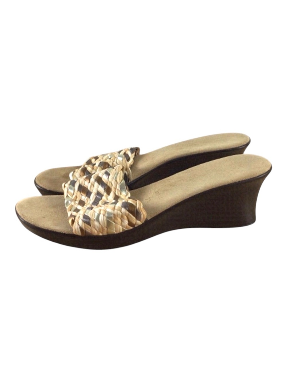 ITALIAN shoemakers slip on round peep mules clogs 7.5 gold silver braided strap